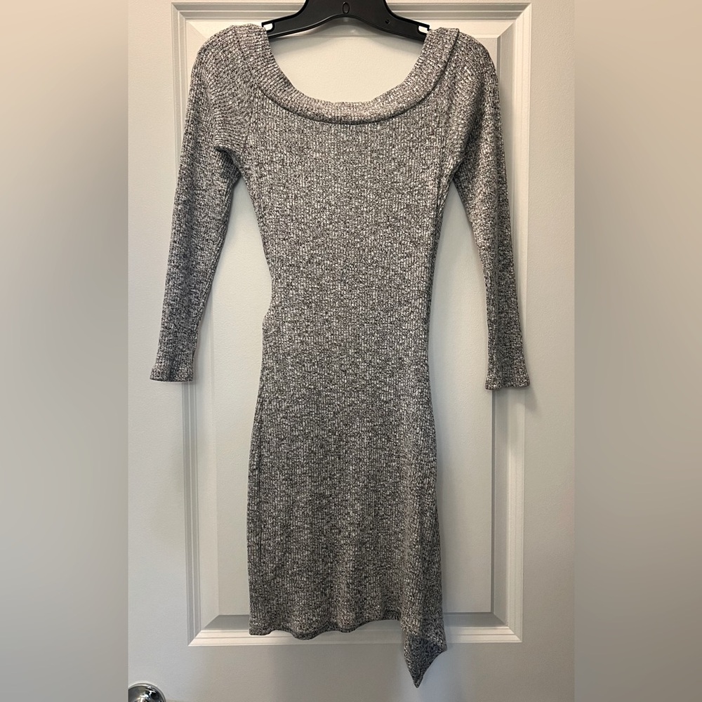AKIRA V-Neck Tie Waist Mini Sweater Dress-Gray - Picture 2 of 8
